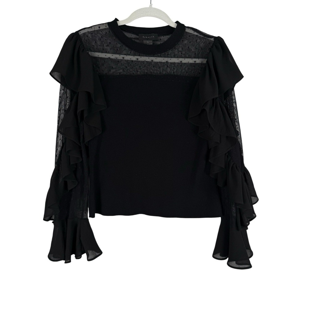Gracia Black Ruffle Dot Lace Sleeves Twofer Sweater Top‎ Women's Large Romantic